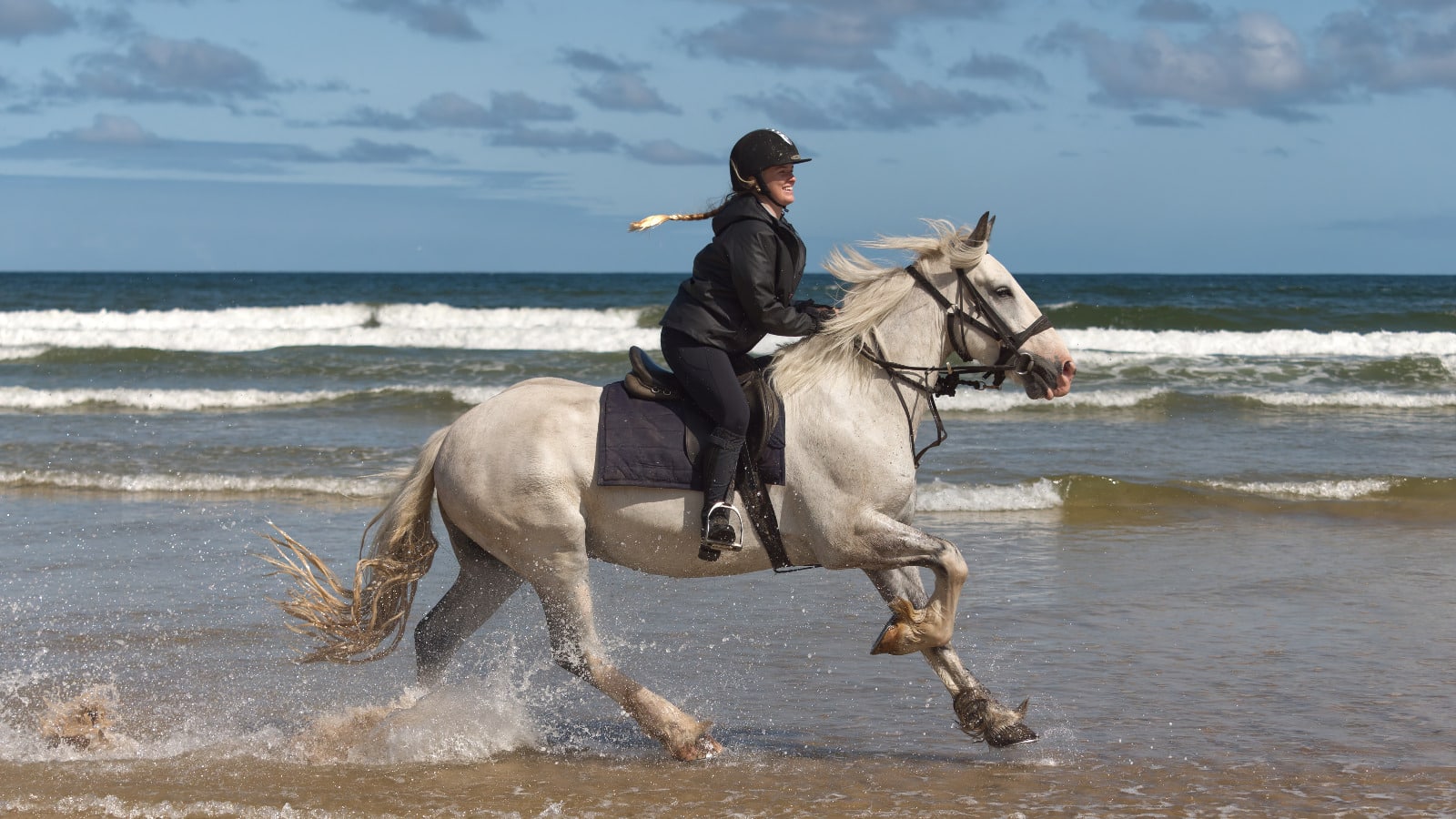 a rider smiling on a grey horse galloping through the sea on an Irish beach